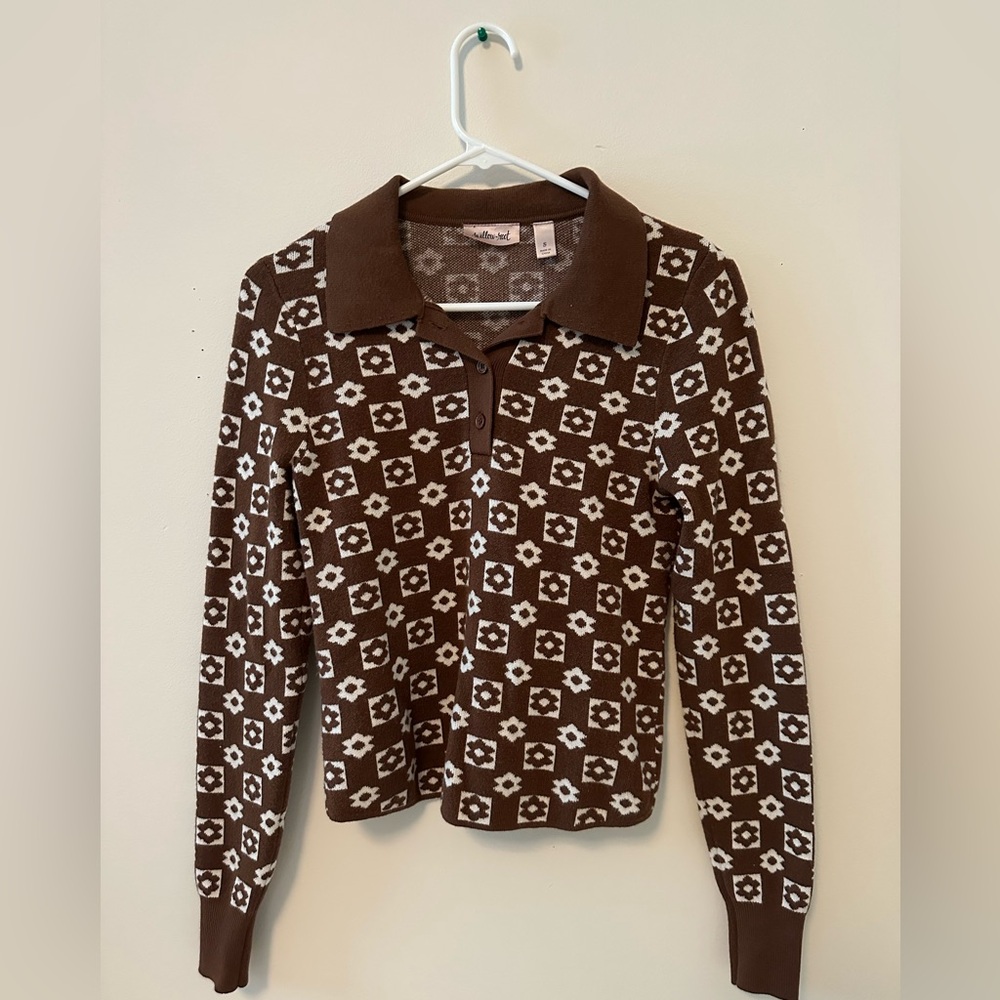 Floral Checkered Long Sleeve Cropped Collared Sweater